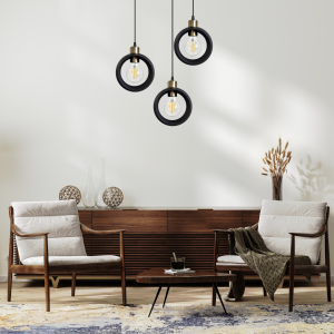 Nowoczesna lampa sufitowa plafon RING wisząca 3-punktowa – industrialny design, loft, czarna z akcentami starego złota  