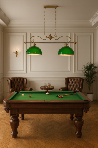 lampa z mosiądzu bilardowa z zielonymi szklanymi kloszami