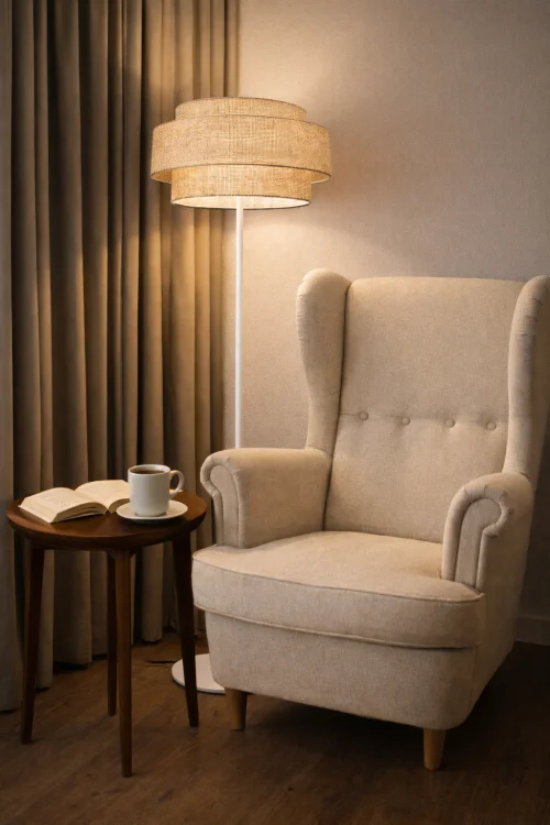 biała lampa stojąca do salonu sypialni
