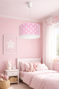 Lampa wisząca dla dziewczynki - zwis drukowany białe gwiazdki na różowym tle + denko  