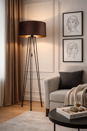 lampa stojąca z welurowym abazurem